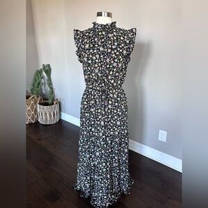 Who What Wear Floral Maxi Dress Scandi Boho Prairie Ruffles Sleeveless Tie Waist